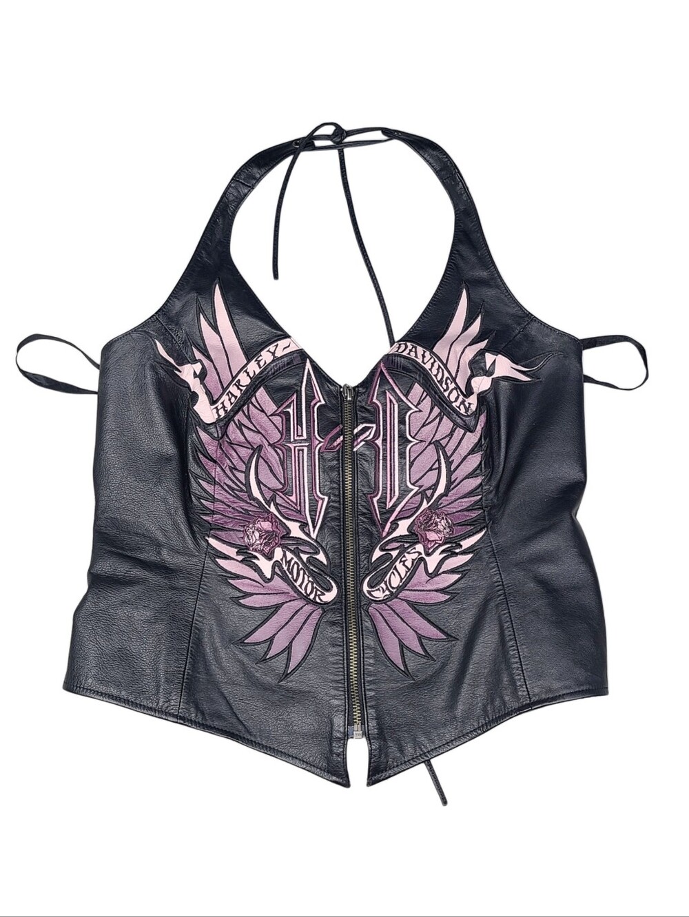 Vintage Harley Davidson Leather Halter Top Embroidered Night Angel Wings XL Y2K